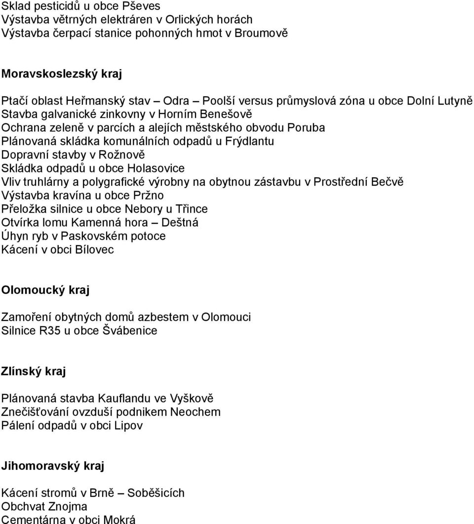 stavby v Rožnově Skládka odpadů u obce Holasovice Vliv truhlárny a polygrafické výrobny na obytnou zástavbu v Prostřední Bečvě Výstavba kravína u obce Pržno Přeložka silnice u obce Nebory u Třince