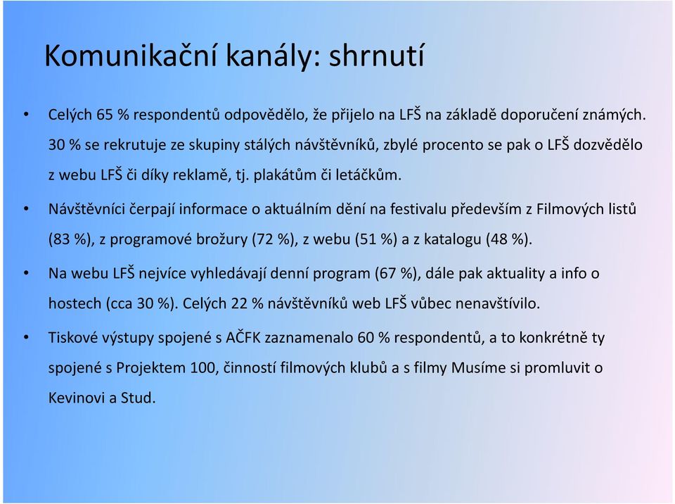 Návštěvníci čerpají informace o aktuálním dění na festivalu především z Filmových listů (83%), z programové brožury (72%), z webu (51%) a z katalogu (48%).