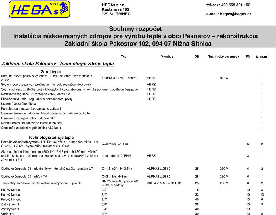 tepla Zdroj tepla Kotel na dřevní pelety s výkonem 70 kw - parametr\ viz technická zpráva Typ Výrobce DN Technické parametry PN ks,m,m 2 FIREMATIC 60T - control HERZ 70 kw 1 Systém dopravy paliva -