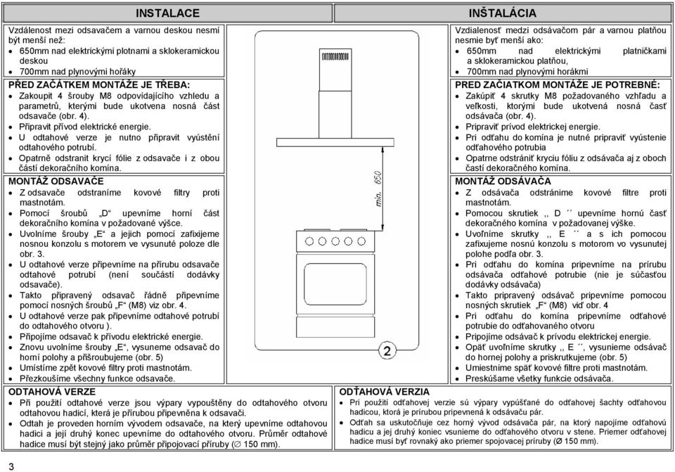 Opatrně odstranit krycí fólie z odsavače i z obou částí dekoračního komína. MONTÁŽ ODSAVAČE Z odsavače odstraníme kovové filtry proti mastnotám.