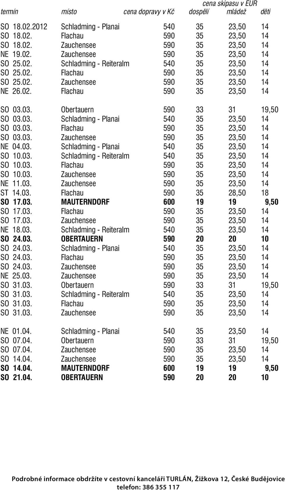 03. Flachau 590 35 23,50 14 SO 03.03. Zauchensee 590 35 23,50 14 NE 04.03. Schladming - Planai 540 35 23,50 14 SO 10.03. Schladming - Reiteralm 540 35 23,50 14 SO 10.03. Flachau 590 35 23,50 14 SO 10.