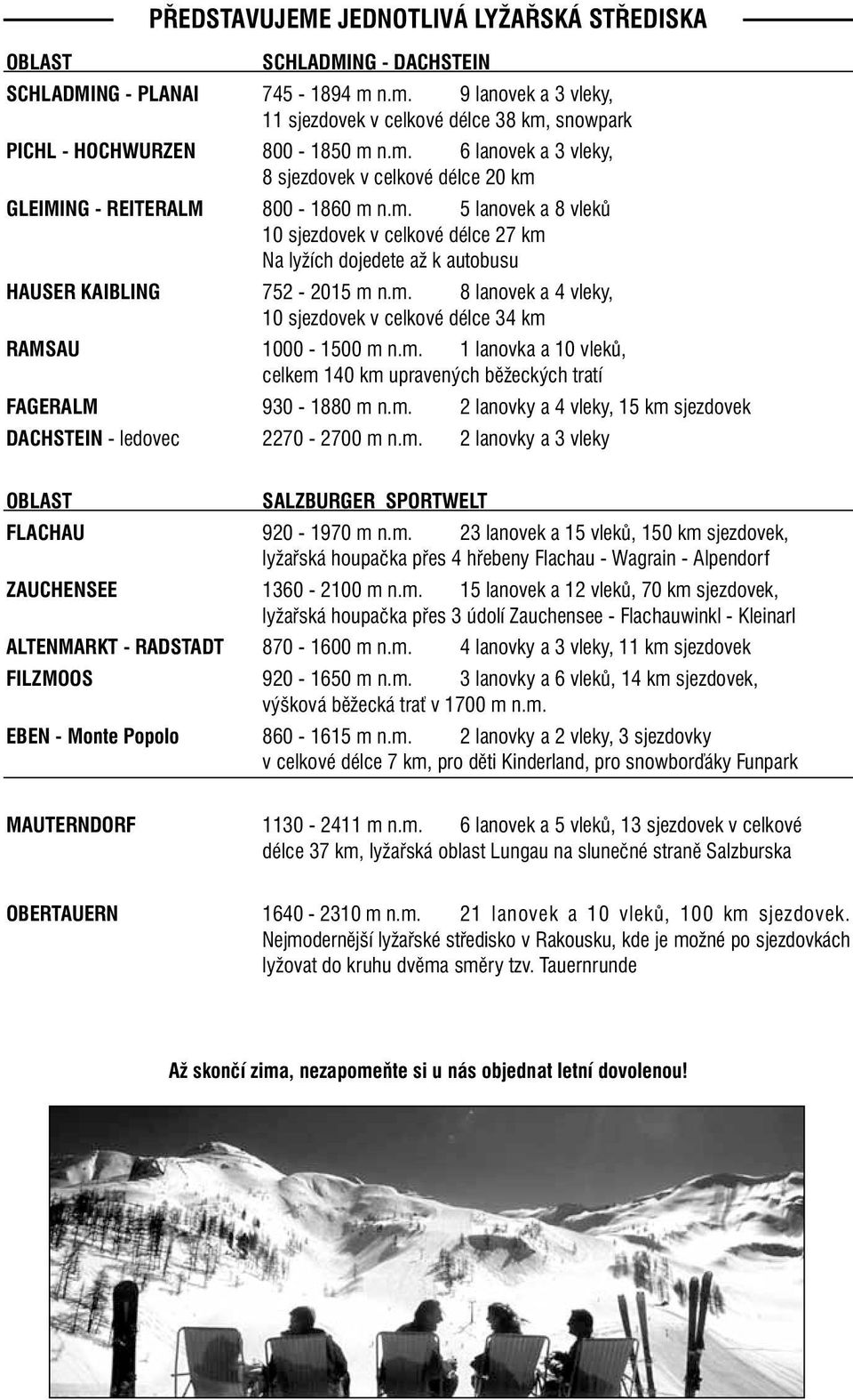 m. 8 lanovek a 4 vleky, 10 sjezdovek v celkové délce 34 km RAMSAU 1000-1500 m n.m. 1 lanovka a 10 vleků, celkem 140 km upravených běžeckých tratí FAGERALM 930-1880 m n.m. 2 lanovky a 4 vleky, 15 km sjezdovek DACHSTEIN - ledovec 2270-2700 m n.