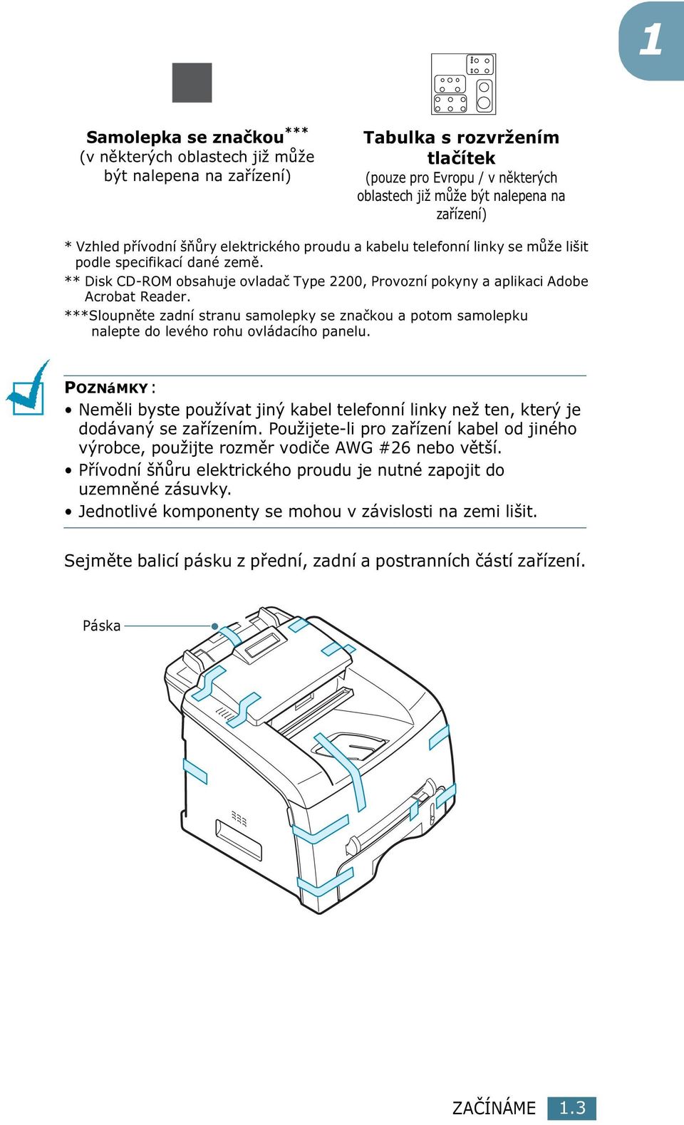 ** Disk CD-ROM obsahuje ovladač Type 2200, Provozní pokyny a aplikaci Adobe Acrobat Reader. ***Sloupněte zadní stranu samolepky se značkou a potom samolepku nalepte do levého rohu ovládacího panelu.