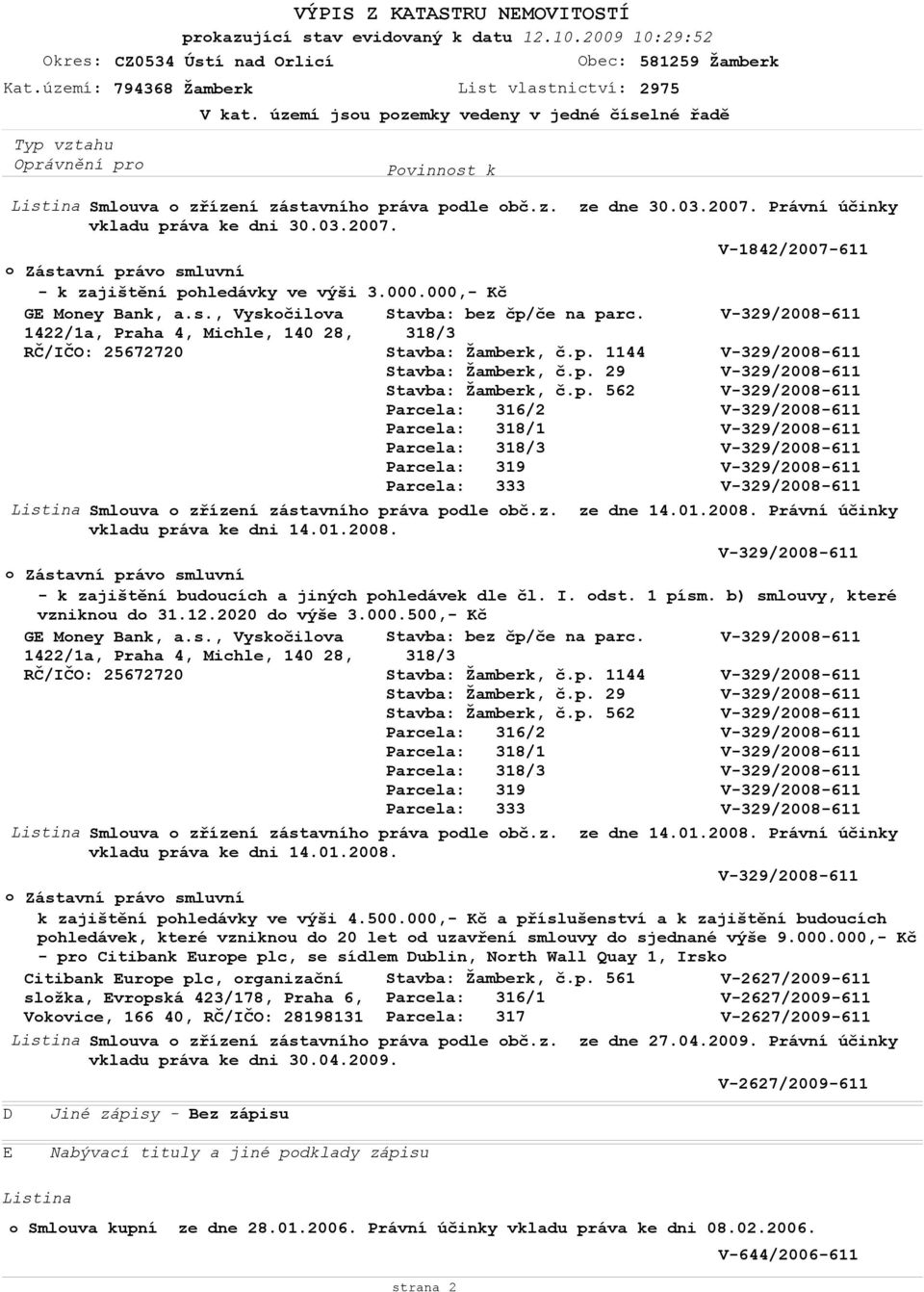 2008. Právní účinky vkladu práva ke dni 14.01.2008. Zástavní práv smluvní - k zajištění buducích a jiných phledávek dle čl. I. dst. 1 písm. b) smluvy, které vzniknu d 31.12.2020 d výše 3.000.