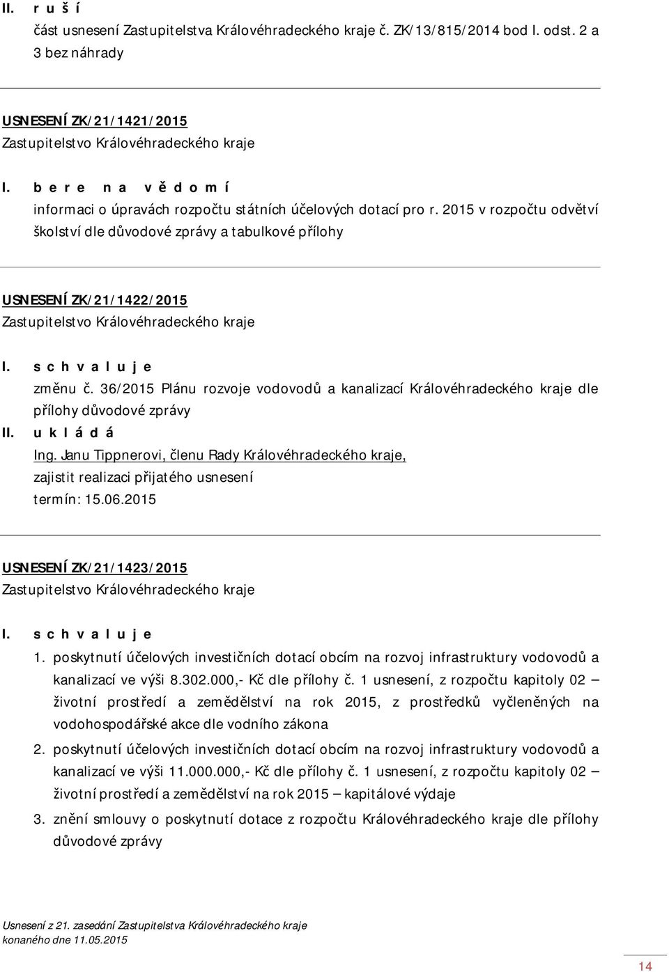 36/2015 Plánu rozvoje vodovodů a kanalizací Královéhradeckého kraje dle přílohy důvodové zprávy II. Ing.