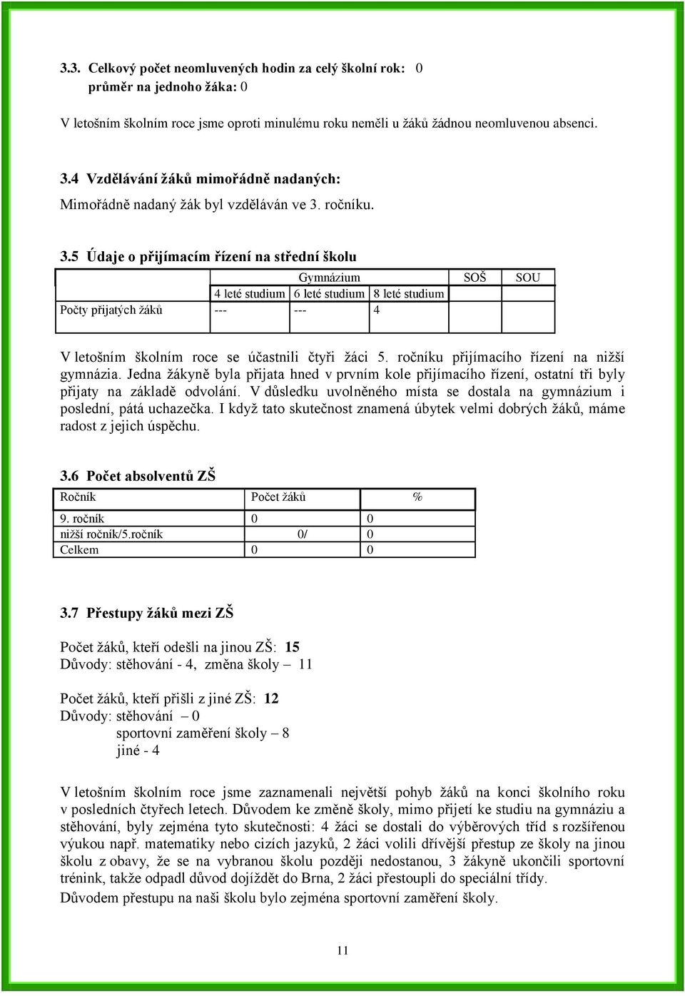 ročníku. 3.5 Údaje o přijímacím řízení na střední školu Gymnázium SOŠ SOU 4 leté studium 6 leté studium 8 leté studium Počty přijatých žáků --- --- 4 V letošním školním roce se účastnili čtyři žáci 5.