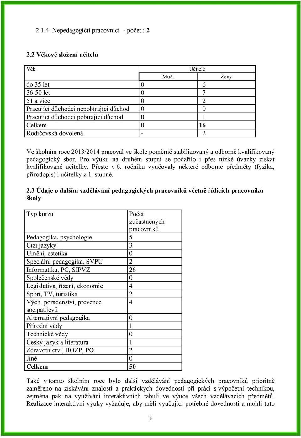 - 2 Ženy Ve školním roce 2013/2014 pracoval ve škole poměrně stabilizovaný a odborně kvalifikovaný pedagogický sbor.