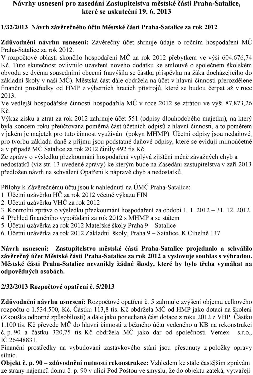 V rozpočtové oblasti skončilo hospodaření MČ za rok 2012 přebytkem ve výši 604.676,74 Kč.