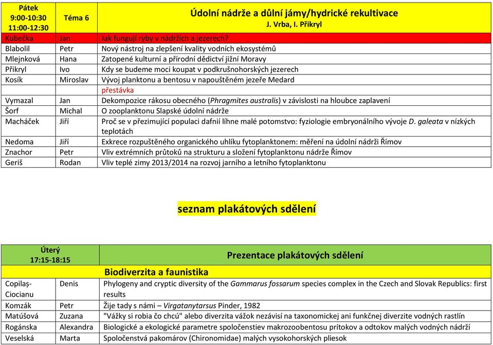 Kosík Miroslav Vývoj planktonu a bentosu v napouštěném jezeře Medard Vymazal Jan Dekompozice rákosu obecného (Phragmites australis) v závislosti na hloubce zaplavení Šorf Michal O zooplanktonu