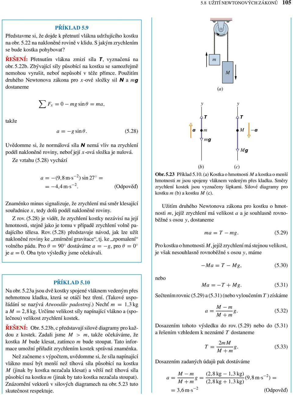 Použitím druhého Newtonov zákon pro -ové složky sil N mg dostneme m () M F = 0 mg sin θ = m, y y tkže = g sin θ. (5.