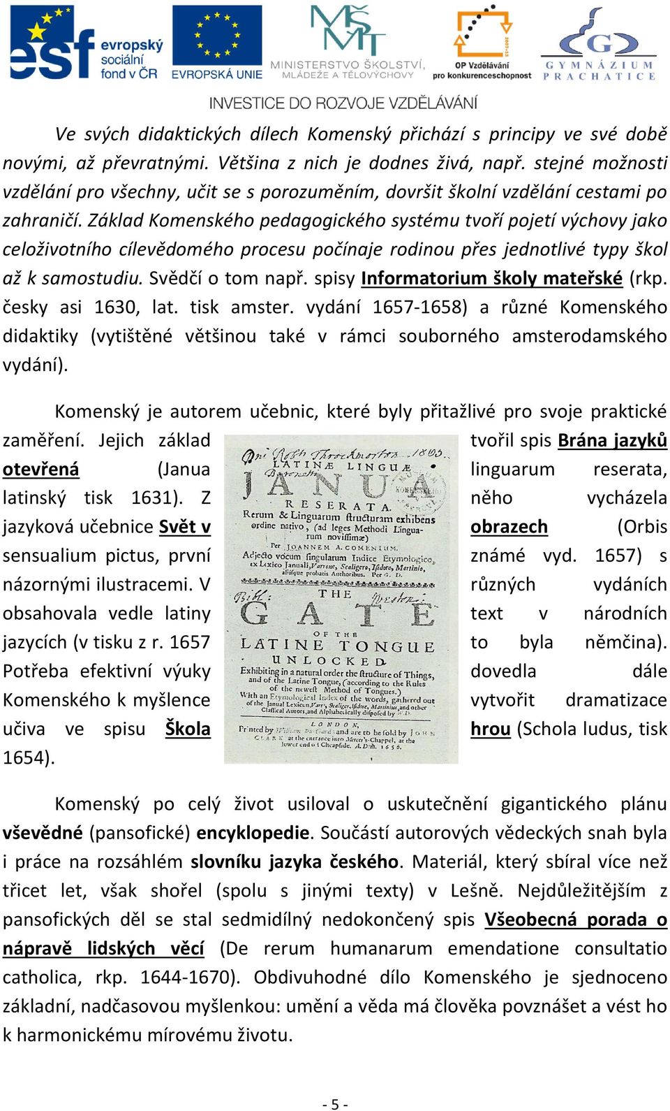 Základ Komenského pedagogického systému tvoří pojetí výchovy jako celoživotního cílevědomého procesu počínaje rodinou přes jednotlivé typy škol až k samostudiu. Svědčí o tom např.