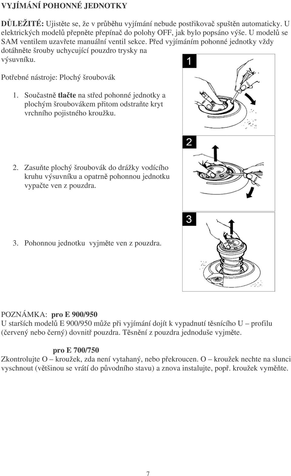 Souastn tlate na sted pohonné jednotky a plochým šroubovákem pitom odstrate kryt vrchního pojistného kroužku. 2.