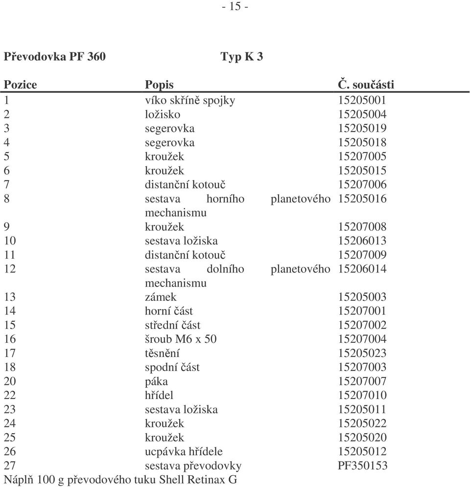 planetového 15205016 mechanismu 9 kroužek 15207008 10 sestava ložiska 15206013 11 distanní kotou 15207009 12 sestava dolního planetového 15206014 mechanismu 13 zámek 15205003 14