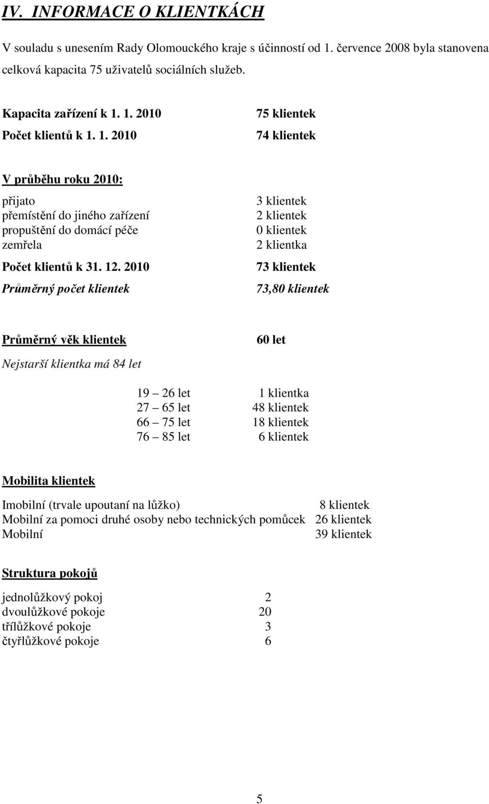 2010 Průměrný počet klientek 3 klientek 2 klientek 0 klientek 2 klientka 73 klientek 73,80 klientek Průměrný věk klientek Nejstarší klientka má 84 let 60 let 19 26 let 1 klientka 27 65 let 48