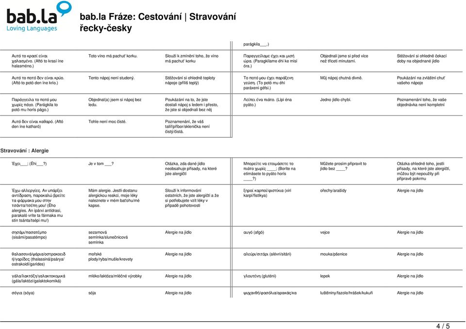 ) Tento nápoj není studený. Stěžování si ohledně teploty nápoje (příliš teplý) Το ποτό μου έχει παράξενη γεύση. (To potó mu éhi paráxeni géfsi.) Můj nápoj chutná divně.