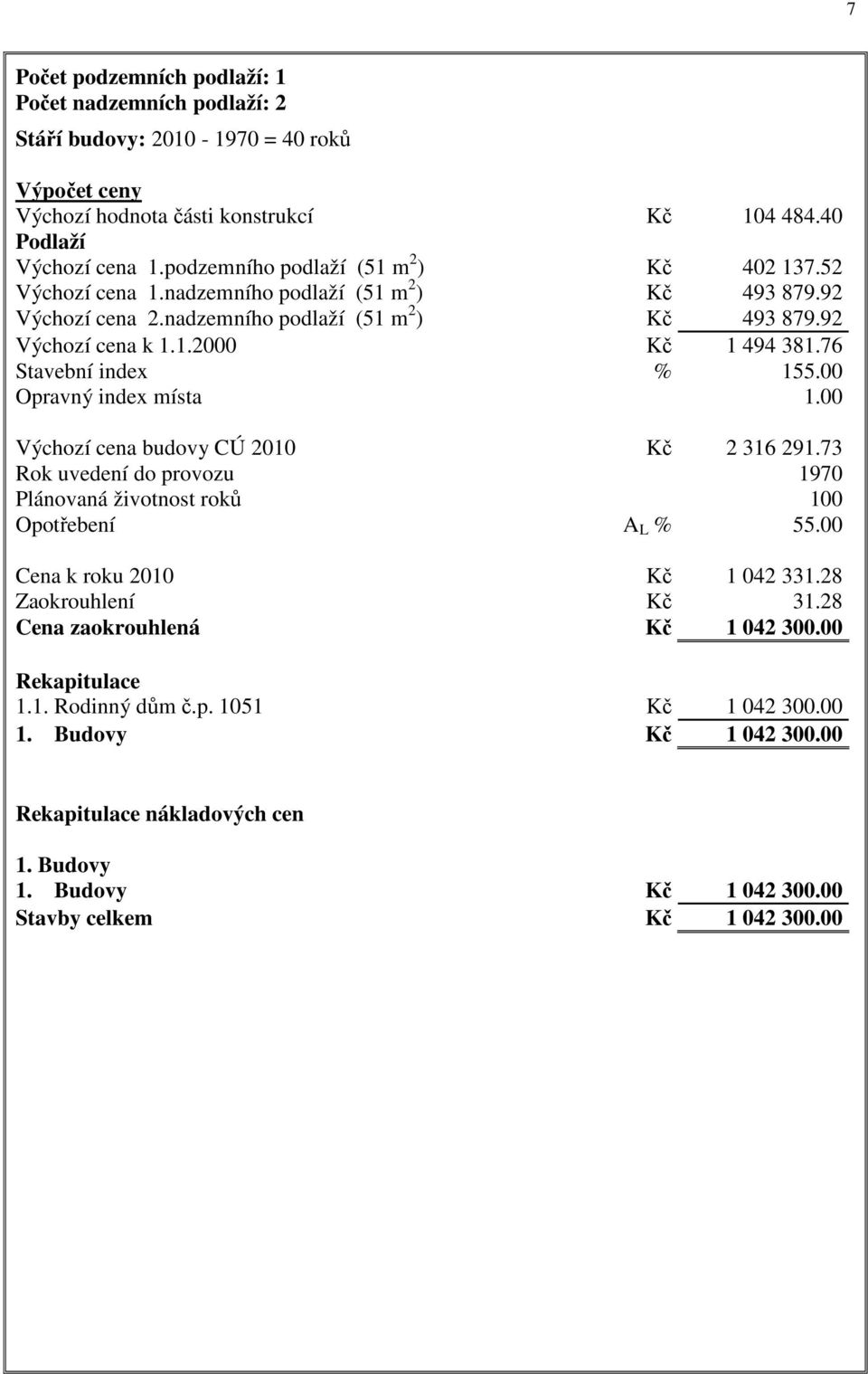 76 Stavební index % 155.00 Opravný index místa 1.00 Výchozí cena budovy CÚ 2010 Kč 2 316 291.73 Rok uvedení do provozu 1970 Plánovaná životnost roků 100 Opotřebení A L % 55.
