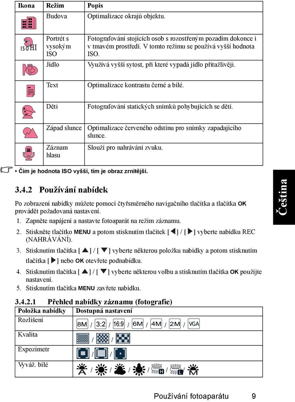 Děti Fotografování statických snímků pohybujících se dětí. Západ slunce Záznam hlasu Optimalizace červeného odstínu pro snímky zapadajícího slunce. Slouží pro nahrávání zvuku.