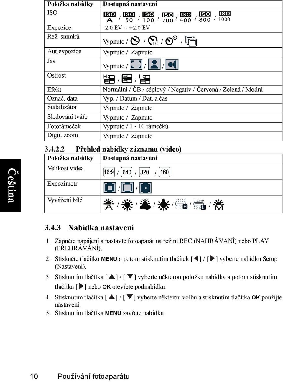 a čas Stabilizátor Vypnuto / Zapnuto Sledování tváře Vypnuto / Zapnuto Fotorámeček Vypnuto / 1-10 rámečků Digit. zoom Vypnuto / Zapnuto 3.4.2.