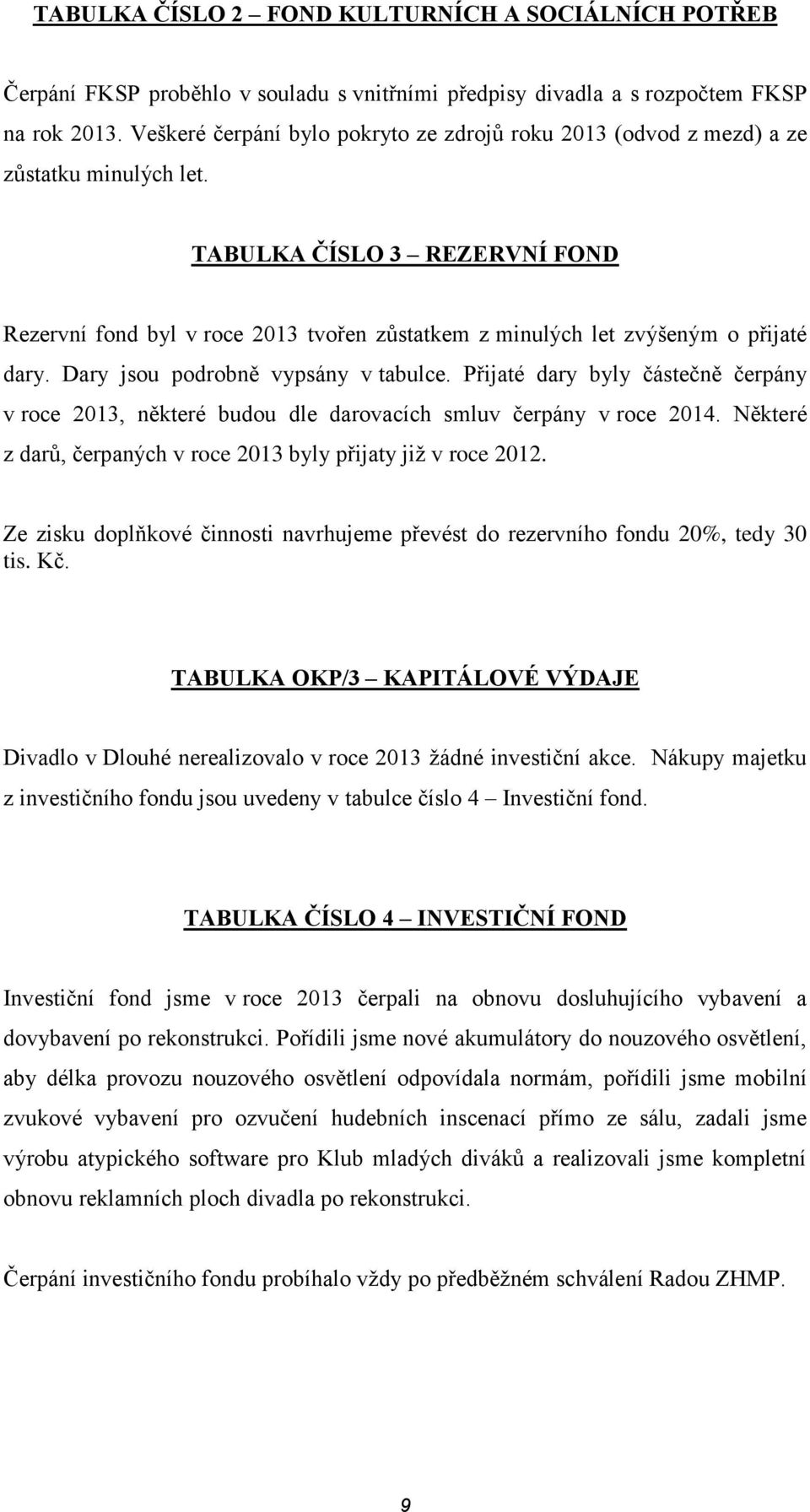 TABULKA ČÍSLO 3 REZERVNÍ FOND Rezervní fond byl v roce 2013 tvořen zůstatkem z minulých let zvýšeným o přijaté dary. Dary jsou podrobně vypsány v tabulce.