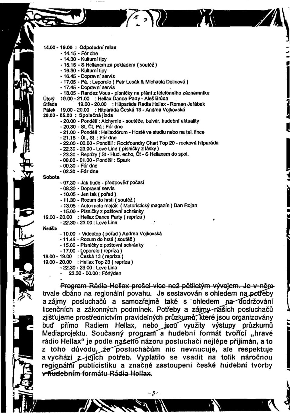 00-20.00 : Hitparáda Radia Hellax - Roman Jeřábek Pátek 19.00-20.00 : Hitparáda Česká 13 - Andrea Vojkovská 20.00-05.00 : Společná jízda - 20.