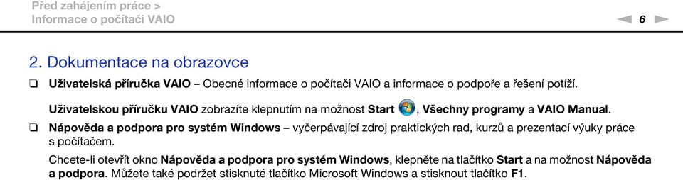 Uživatelskou příručku VAIO zobrazíte klepnutím na možnost Start, Všechny programy a VAIO Manual.