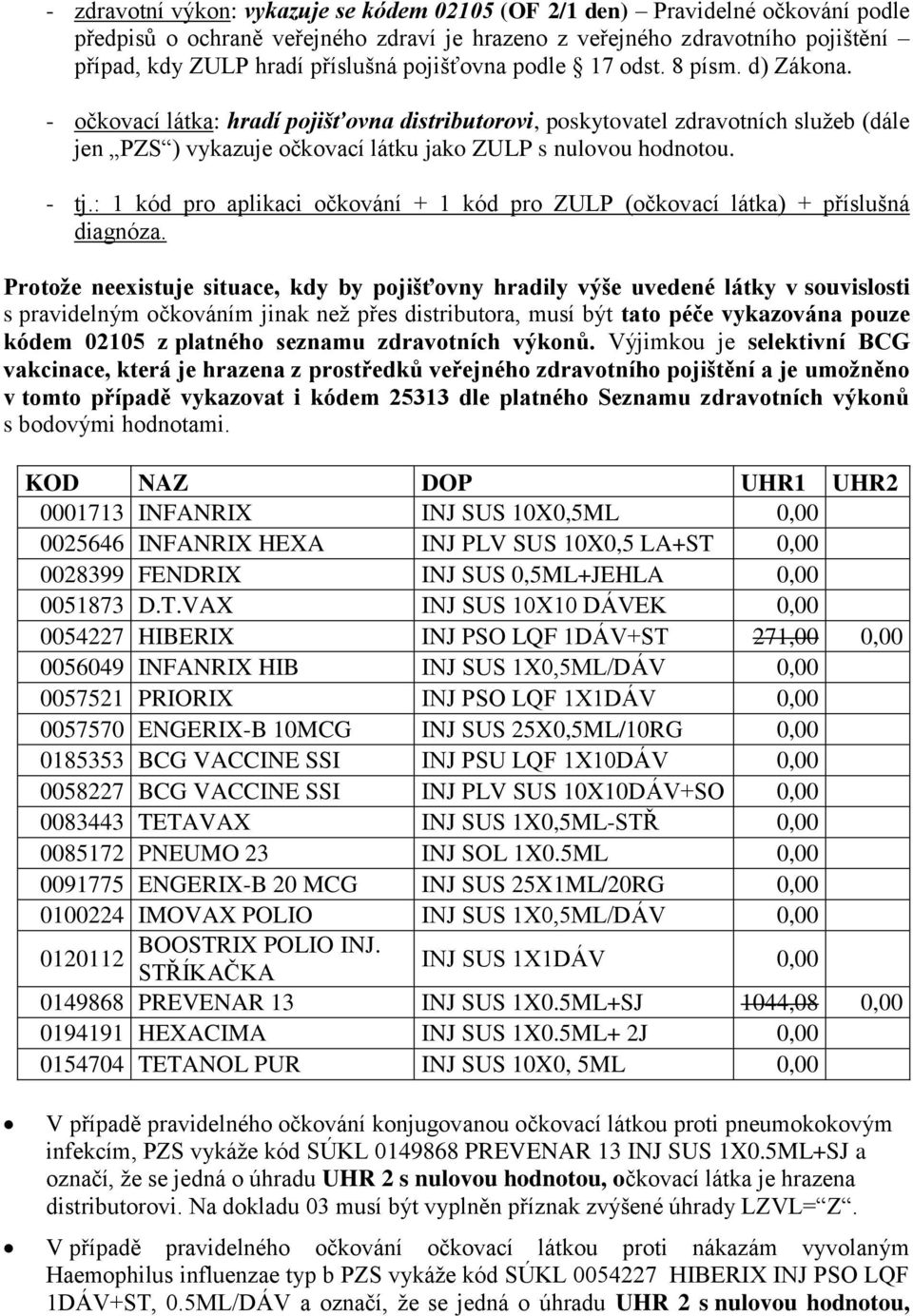 - tj.: 1 kód pro aplikaci očkování + 1 kód pro ZULP (očkovací látka) + příslušná diagnóza.