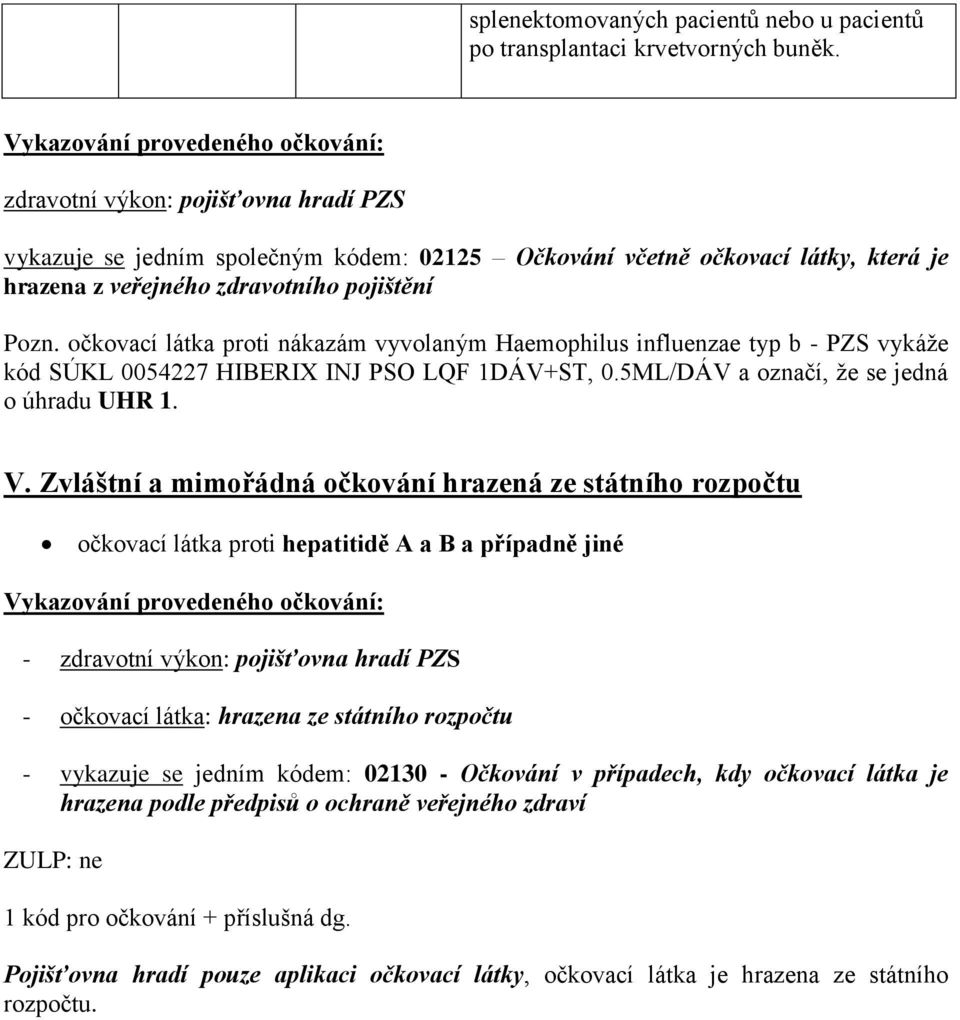 Pozn. očkovací látka proti nákazám vyvolaným Haemophilus influenzae typ b - PZS vykáže kód SÚKL 0054227 HIBERIX INJ PSO LQF 1DÁV+ST, 0.5ML/DÁV a označí, že se jedná o úhradu UHR 1. V.