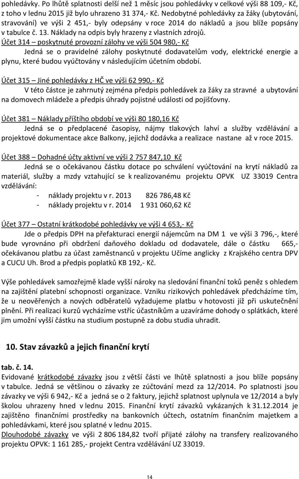 Účet 314 poskytnuté provozní zálohy ve výši 504 980,- Kč Jedná se o pravidelné zálohy poskytnuté dodavatelům vody, elektrické energie a plynu, které budou vyúčtovány v následujícím účetním období.