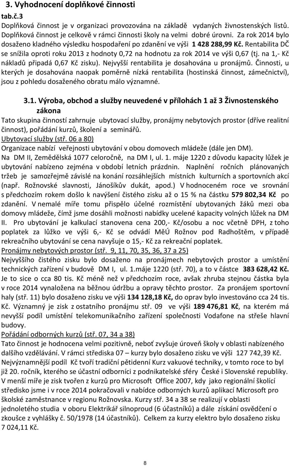 Rentabilita DČ se snížila oproti roku 2013 z hodnoty 0,72 na hodnotu za rok 2014 ve výši 0,67 (tj. na 1,- Kč nákladů připadá 0,67 Kč zisku). Nejvyšší rentabilita je dosahována u pronájmů.