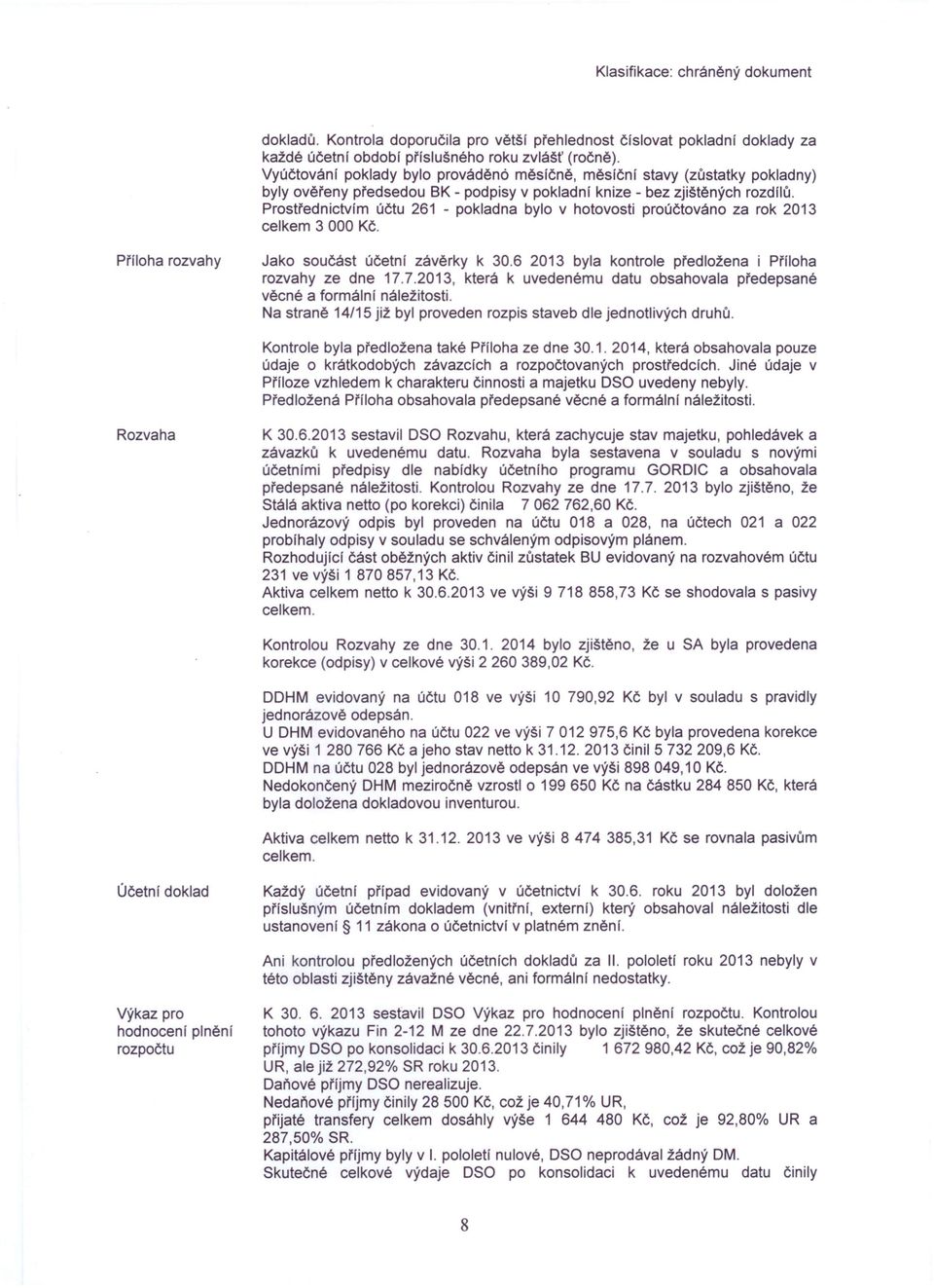 Prostřednictvím účtu 261 - pokladna bylo v hotovosti proúčtováno za rok 2013 celkem 3 000 Kč. Přfloha rozvahy Jako součást účetní závěrky k 30.