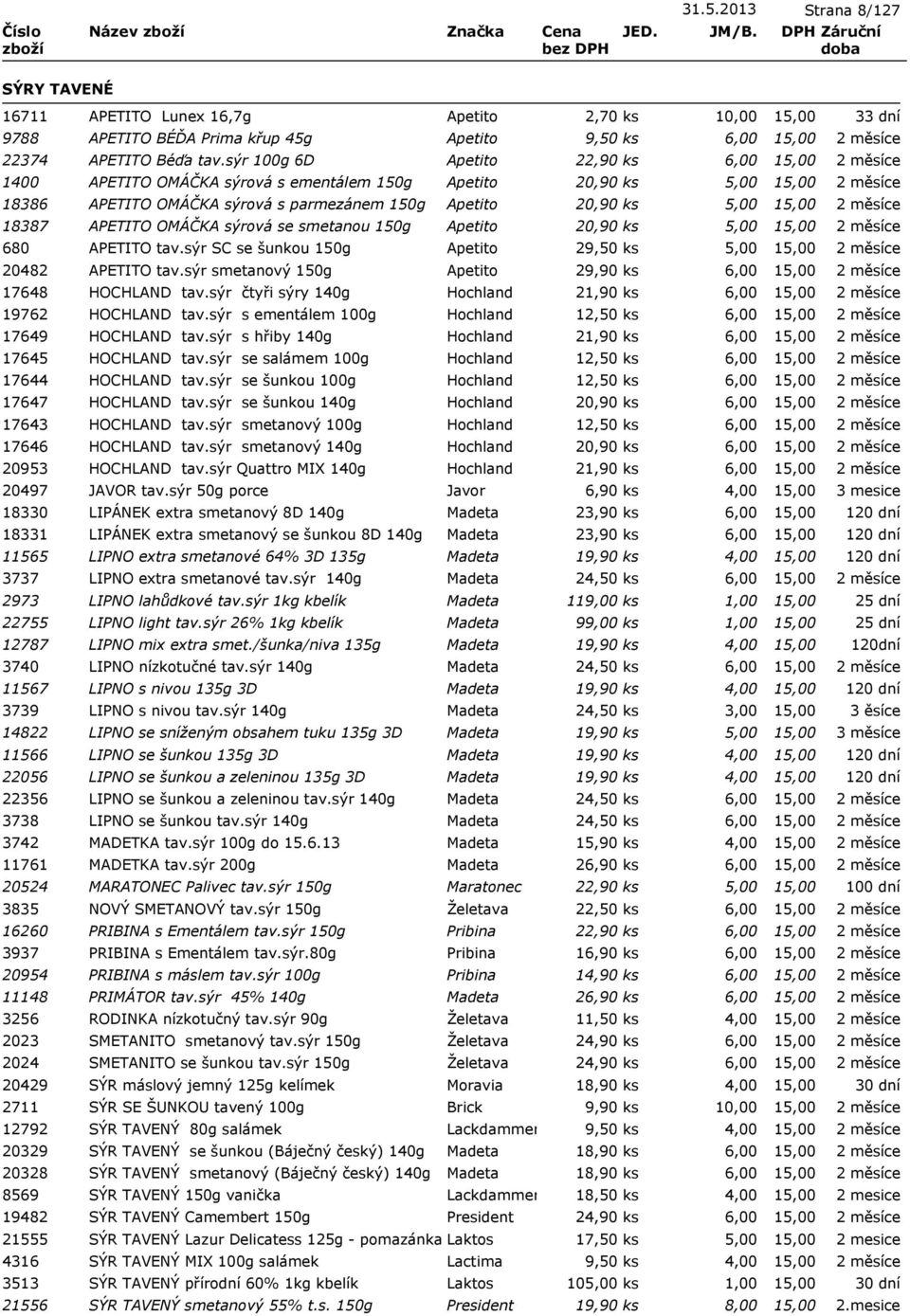 smetanou 150g Apetito 20,90 ks 5,00 680 APETITO tav.sýr SC se šunkou 150g Apetito 29,50 ks 5,00 20482 APETITO tav.sýr smetanový 150g Apetito 29,90 ks 6,00 17648 HOCHLAND tav.