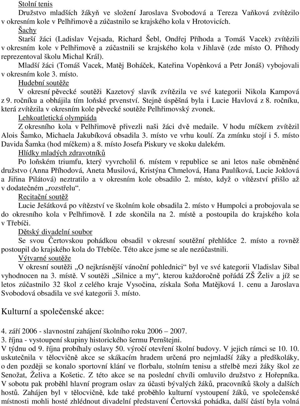 Příhody reprezentoval školu Michal Král). Mladší žáci (Tomáš Vacek, Matěj Boháček, Kateřina Vopěnková a Petr Jonáš) vybojovali v okresním kole 3. místo.