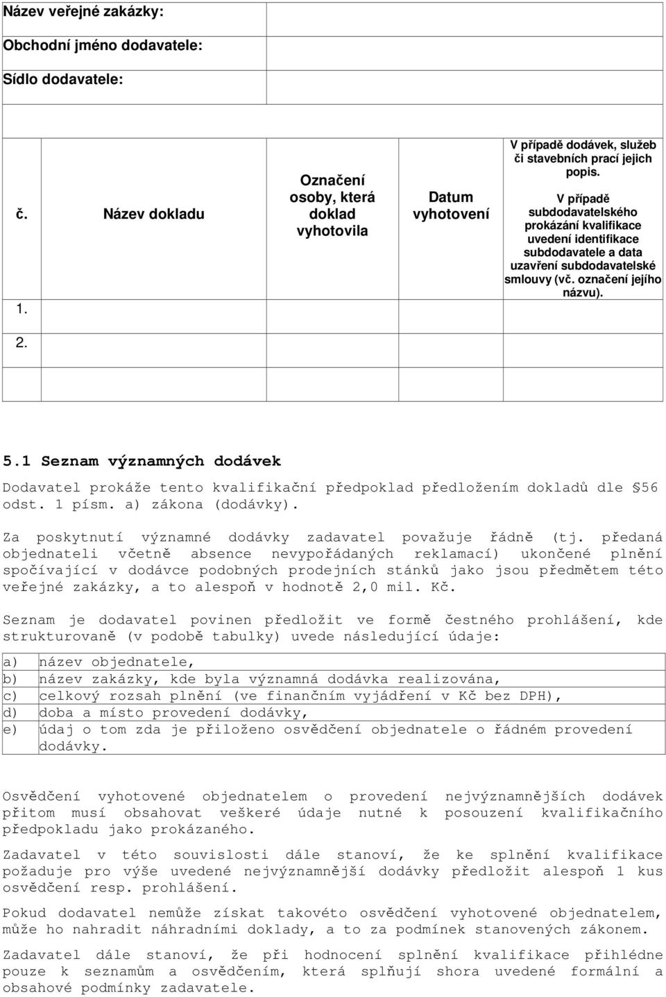 V případě subdodavatelského prokázání kvalifikace uvedení identifikace subdodavatele a data uzavření subdodavatelské smlouvy (vč. označení jejího názvu). 2. 5.