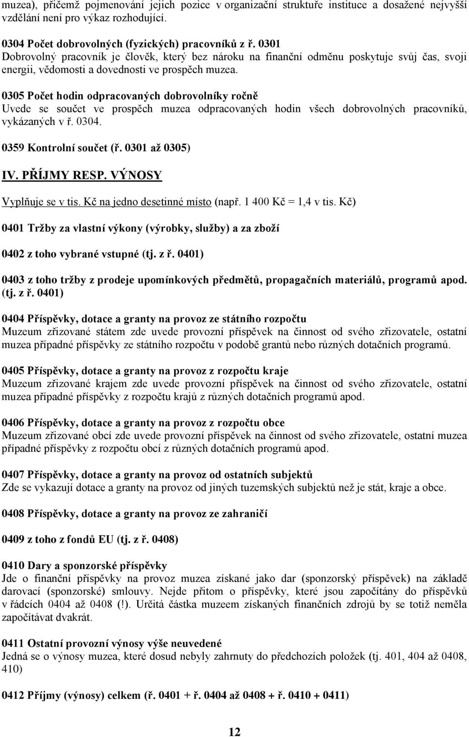 0305 Počet hodin odpracovaných dobrovolníky ročně Uvede se součet ve prospěch muzea odpracovaných hodin všech dobrovolných pracovníků, vykázaných v ř. 0304. 0359 Kontrolní součet (ř. 0301 aţ 0305) IV.