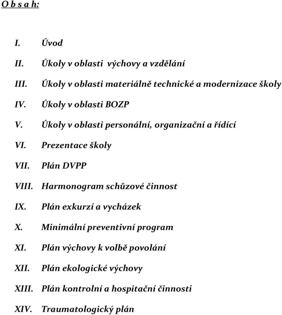 Úkoly v oblasti personální, organizační a řídící VI. VII. Prezentace školy Plán DVPP VIII.