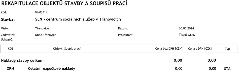 Projektant: Uchazeč: 30.06.2014 Tispol s.r.o. Kód Objekt, Soupis prací Cena bez DPH