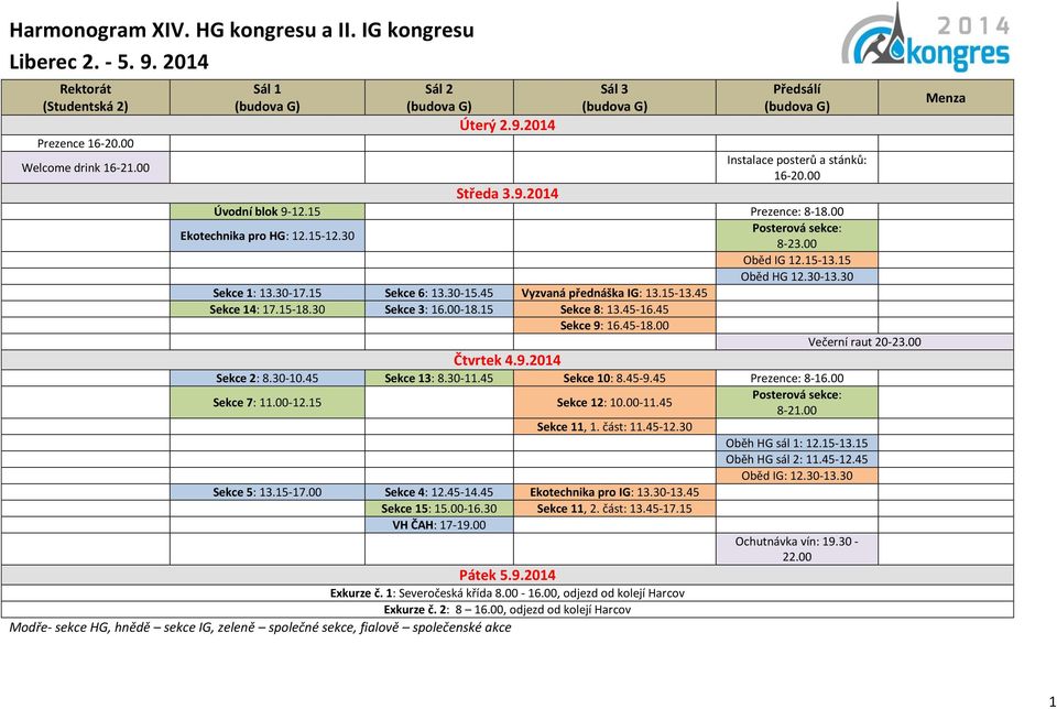 45 Vyzvaná přednáška IG: 13.15-13.45 Sekce 14: 17.15-18.30 Sekce 3: 16.00-18.15 Sekce 8: 13.45-16.45 Sekce 9: 16.45-18.00 Večerní raut 20-23.00 Čtvrtek 4.9.2014 Sekce 2: 8.30-10.45 Sekce 13: 8.30-11.