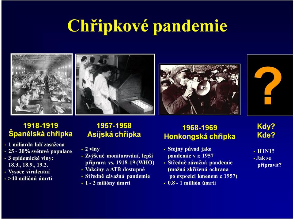 1918-19(WHO) Vakcíny a ATB dostupné Středně závažná pandemie 1-2 milióny úmrtí 1968-19691969 Honkongská chřipka Stejný původ jako