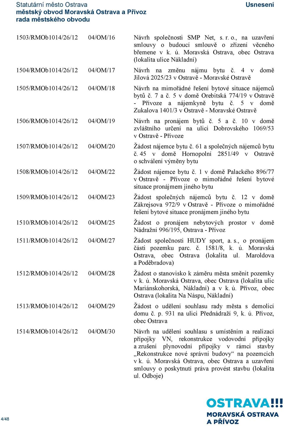 4 v domě Jílová 2025/23 v Ostravě - Moravské Ostravě 1505/RMOb1014/26/12 04/OM/18 Návrh na mimořádné řešení bytové situace nájemců bytů č. 7 a č.