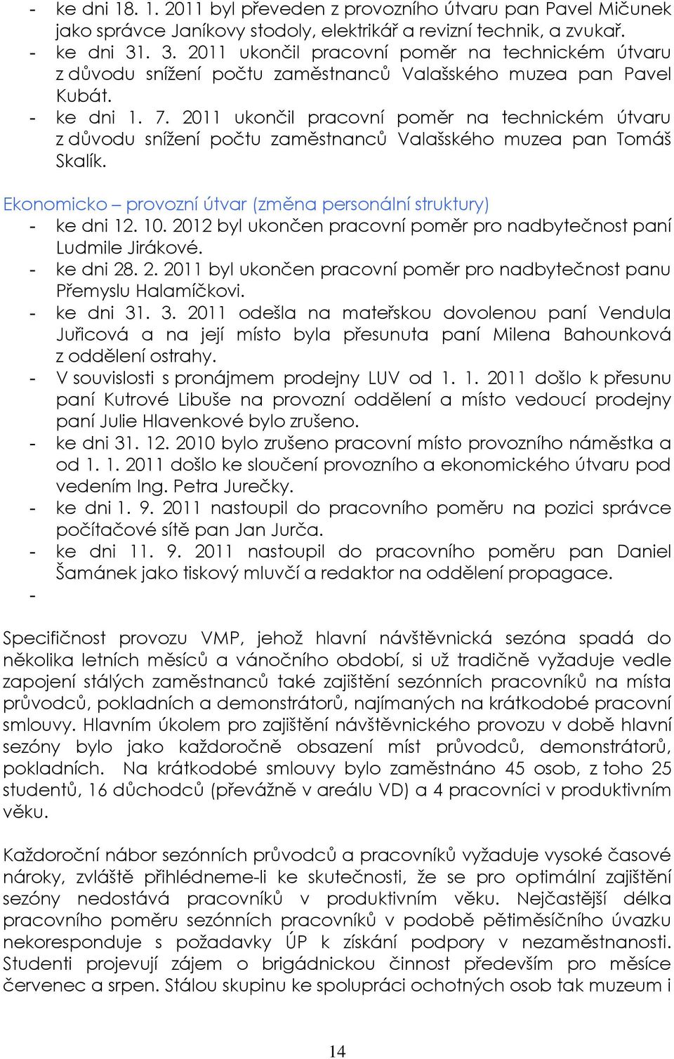 2011 ukončil pracovní poměr na technickém útvaru z důvodu snížení počtu zaměstnanců Valašského muzea pan Tomáš Skalík. Ekonomicko provozní útvar (změna personální struktury) - ke dni 12. 10.