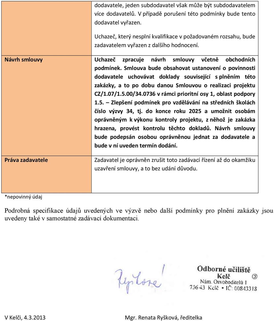 Smlouva bude obsahovat ustanovení o povinnosti dodavatele uchovávat doklady související s plněním této zakázky, a to po dobu danou Smlouvou o realizaci projektu CZ/1.07/1.5.00/34.