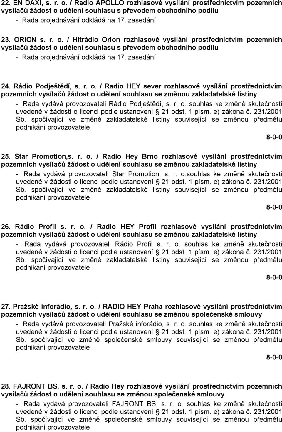 / Radio HEY sever rozhlasové vysílání prostřednictvím pozemních vysílačů žádost o udělení souhlasu se změnou zakladatelské listiny - Rada vydává provozovateli  souhlas ke změně skutečnosti uvedené v