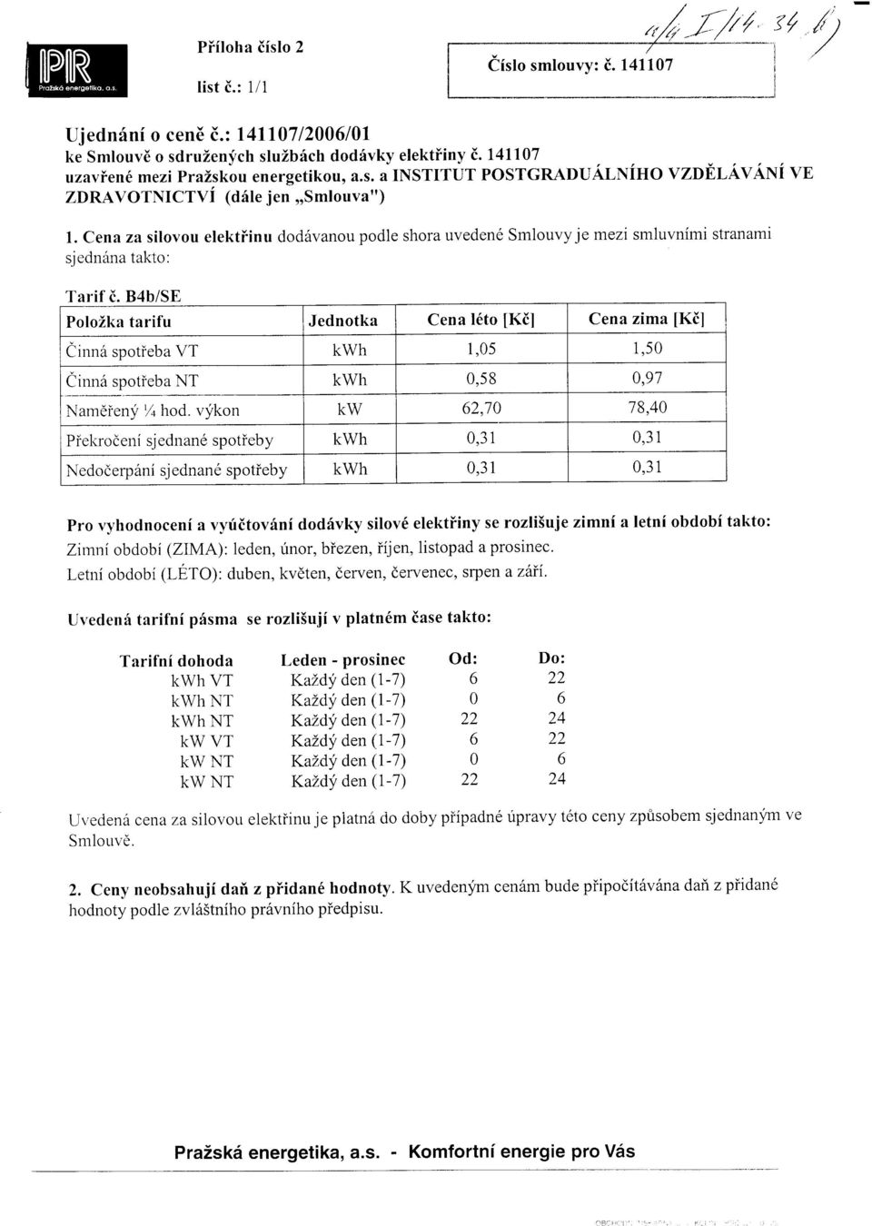 B4b/SE PoloZka tarifu Jednotka Cena l6to [Ki] Cena zima [Ki] Cir-rn6 spotieba VT kwh 1,05 1,50 Cinn6 spotieba NT kwh o5r 0,97 Namdieny '/ohod.