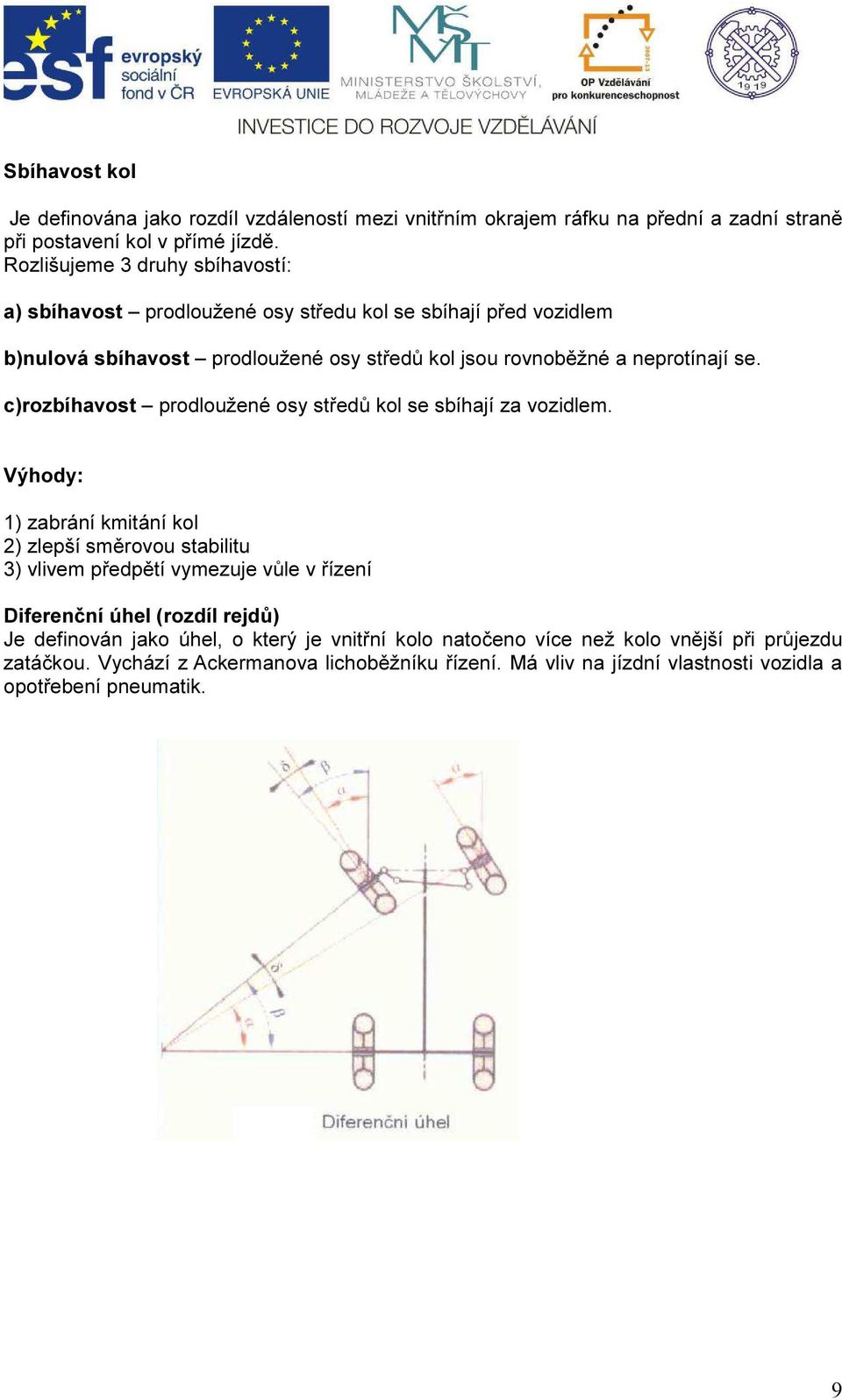 c)rozbíhavost prodloužené osy středů kol se sbíhají za vozidlem.