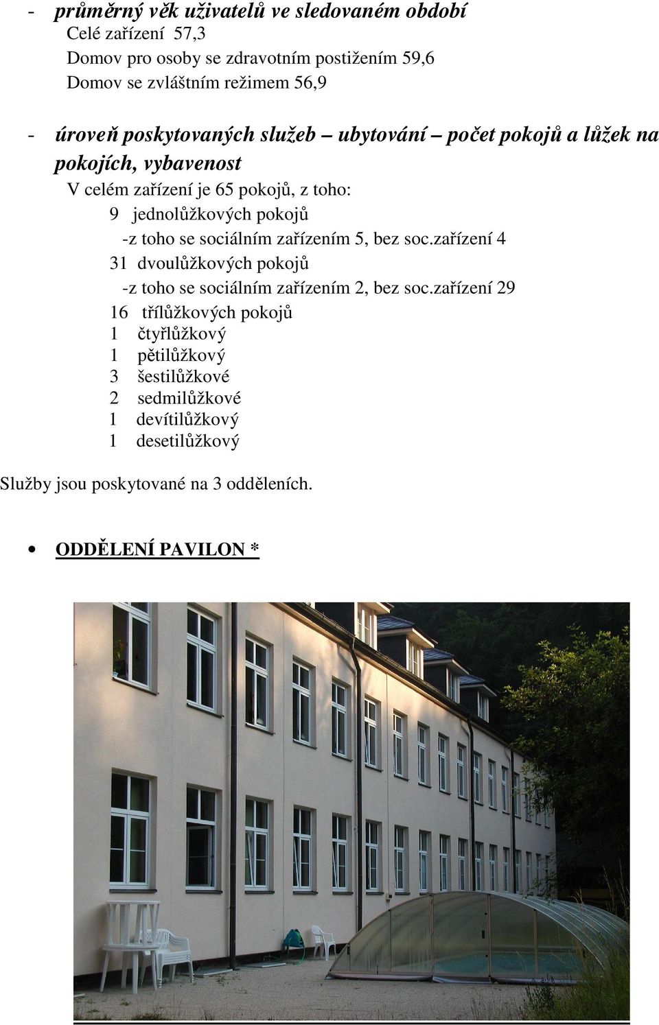 toho se sociálním zařízením 5, bez soc.zařízení 4 31 dvoulůžkových pokojů -z toho se sociálním zařízením 2, bez soc.