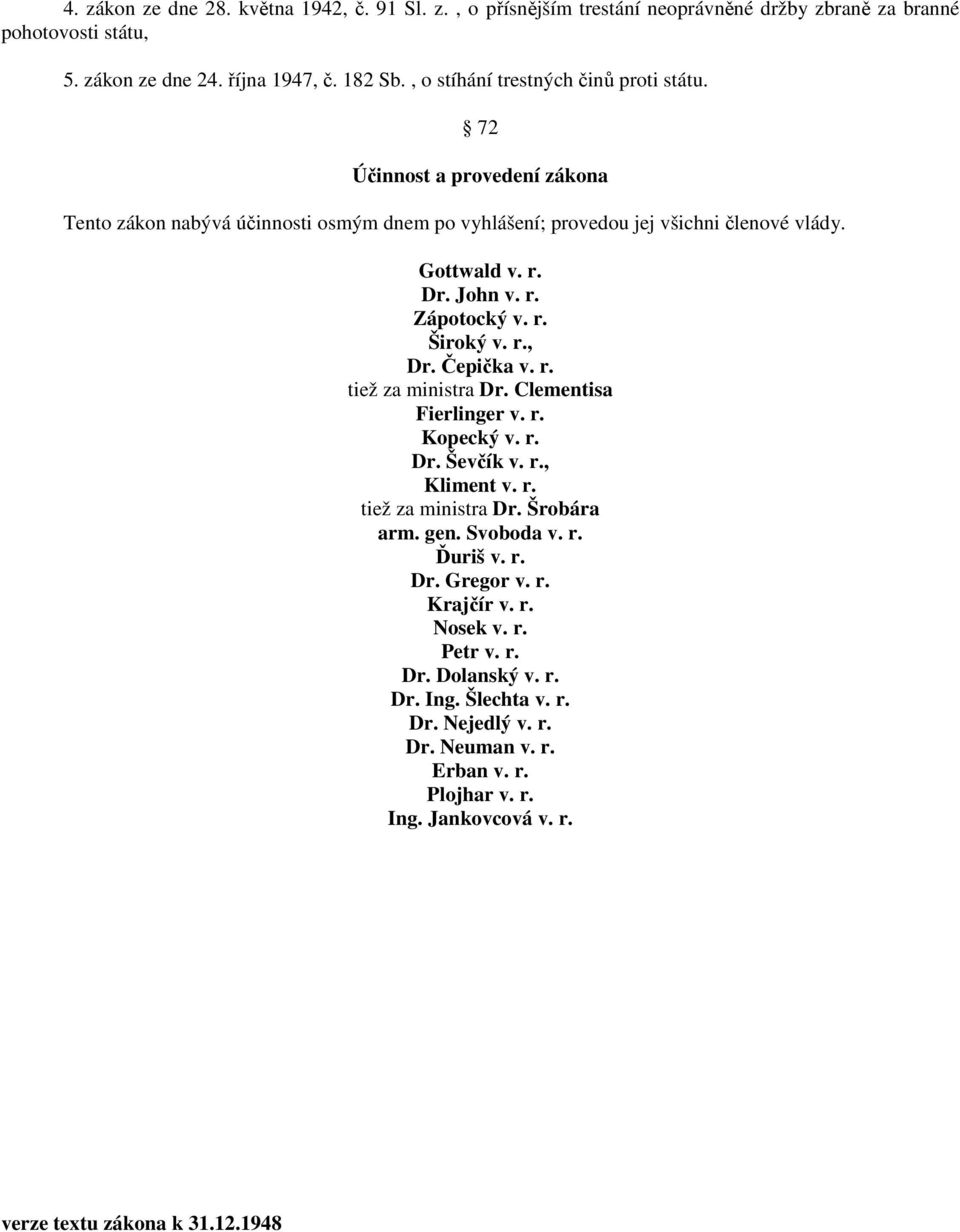 r. Široký v. r., Dr. Čepička v. r. tiež za ministra Dr. Clementisa Fierlinger v. r. Kopecký v. r. Dr. Ševčík v. r., Kliment v. r. tiež za ministra Dr. Šrobára arm. gen. Svoboda v. r. Ďuriš v. r. Dr. Gregor v.