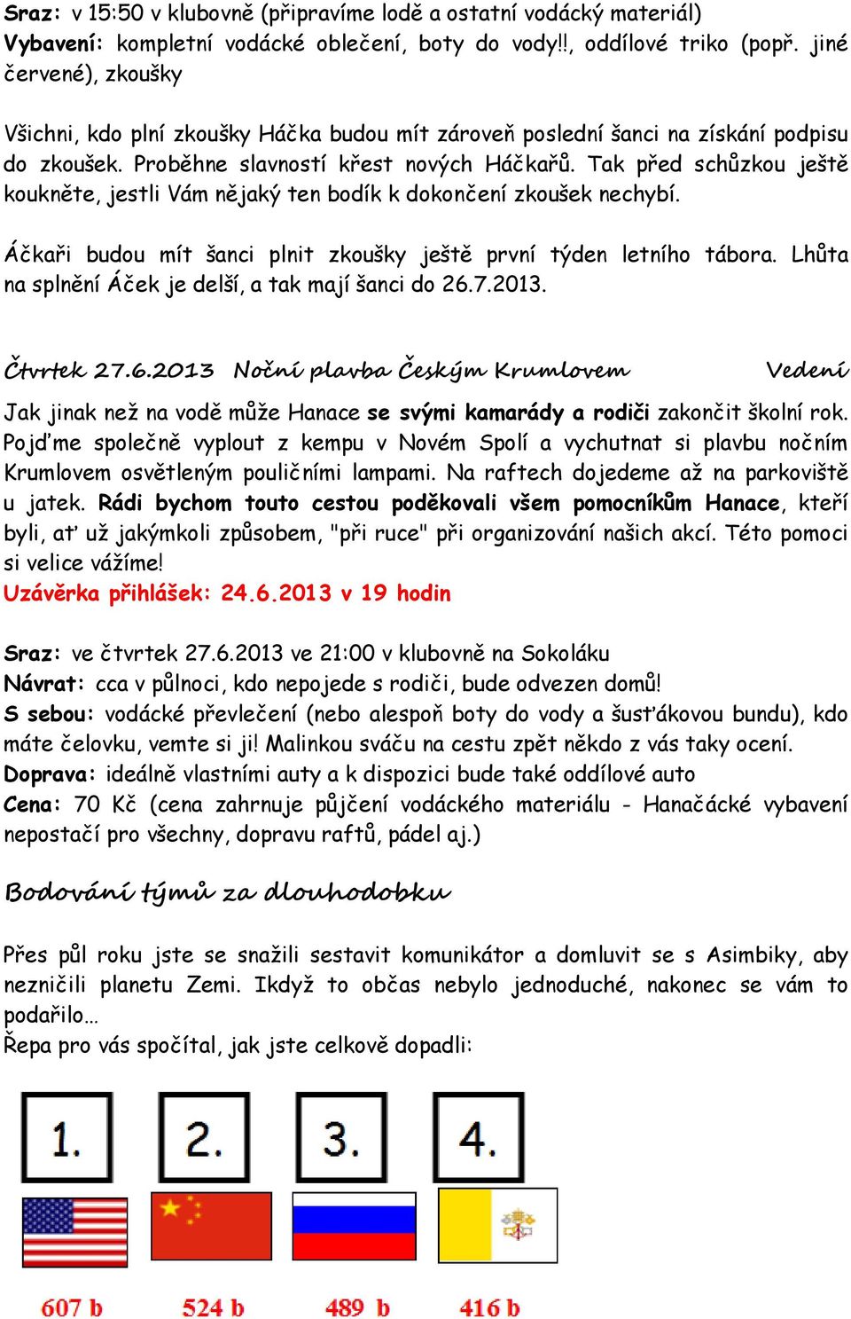 Tak před schůzkou ještě koukněte, jestli Vám nějaký ten bodík k dokončení zkoušek nechybí. Áčkaři budou mít šanci plnit zkoušky ještě první týden letního tábora.