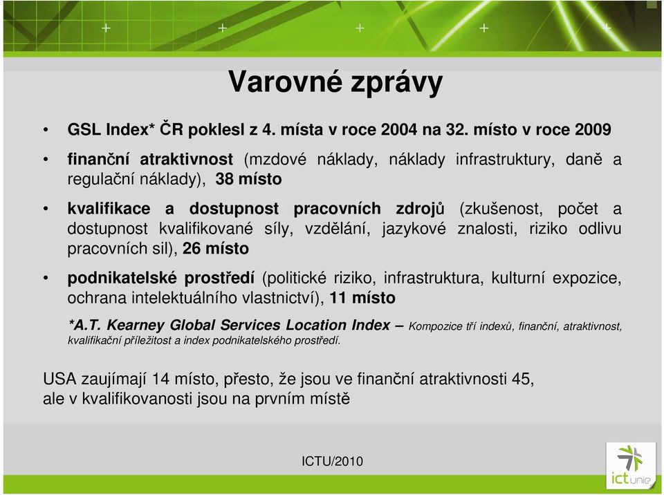 dostupnost kvalifikované síly, vzdělání, jazykové znalosti, riziko odlivu pracovních sil), 26 místo podnikatelské prostředí (politické riziko, infrastruktura, kulturní expozice,