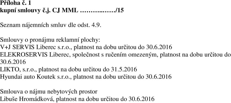 2016 ELEKROSERVIS Liberec, společnost s ručením omezeným, platnost na dobu určitou do 30.6.2016 LIKTO, s.r.o., platnost na dobu určitou do 31.