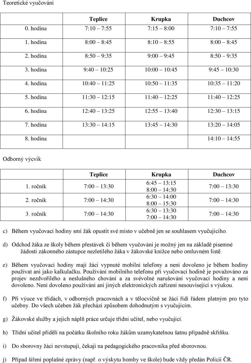 hodina 13:30 14:15 13:45 14:30 13:20 14:05 8. hodina 14:10 14:55 Odborný výcvik Teplice Krupka Duchcov 1. ročník 7:00 13:30 6:45 13:15 8:00 14:30 7:00 13:30 2.